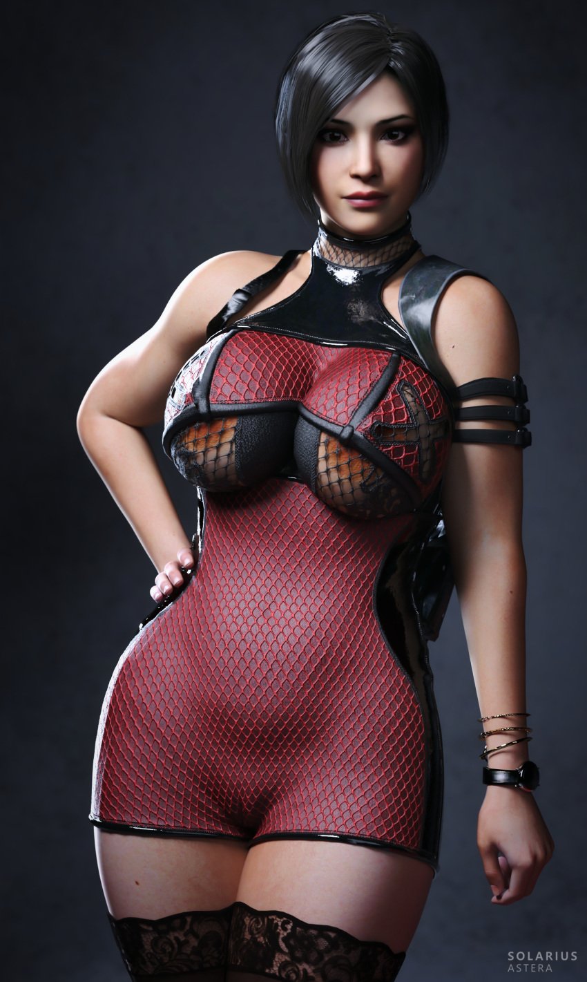 1girls 3d ada_wong ada_wong_(adriana) areola_slip areolae arm_strap black_hair black_legwear black_stockings bracelets brown_areola busty capcom cleft_of_venus female female_focus female_only fishnet fishnet_dress fishnets front_view hand_on_hip hourglass_figure lace-trimmed_stockings lace-trimmed_thighhighs lace_trim legwear light-skinned_female light_skin looking_at_viewer mole mole_on_leg mole_on_thigh pussy red_clothing resident_evil resident_evil_2 resident_evil_2_remake see-through shaved_pussy short_hair solarius_astera solo stockings subtle_pussy vagina watch wide_hips