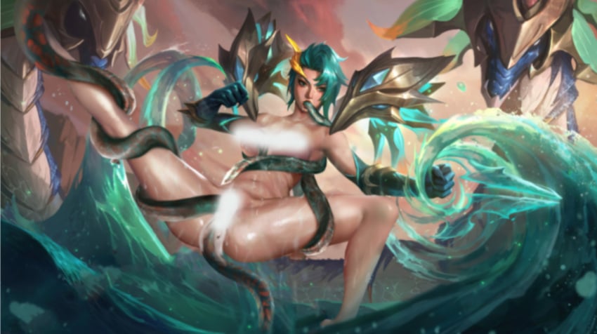 1girls bare_legs censored censored_breasts censored_pussy creature dragonmancers_series elbow_gloves gloves green_hair hair_ornament kai'sa lagoon_dragon_kai'sa league_of_legends magic magic_user oral richtofen tentacle tentacle_in_mouth tentacle_sex water