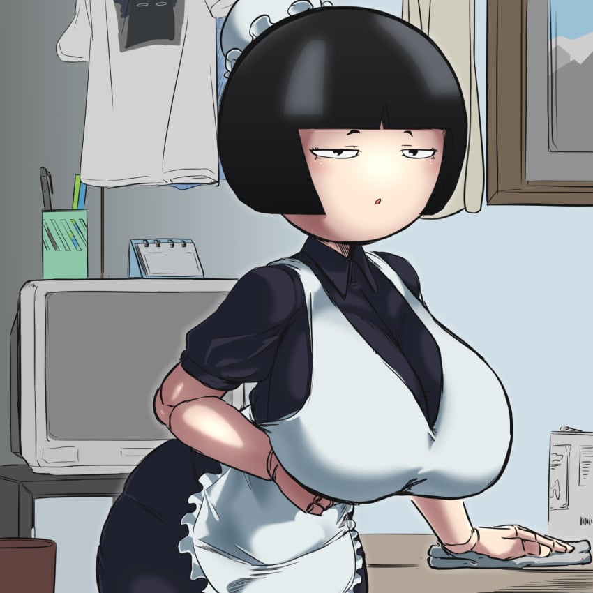 1girls 2021 :o ass big_breasts black_hair breasts cleaning cleaning_rag day detailed_background doll doll_joints drying_clothes female female_focus huge_breasts japanese japanese_clothes karakuri_maid karakuri_mechanism kaxiota large_breasts looking_at_viewer maid maid_apron maid_cap maid_dress maid_headdress maid_outfit maid_uniform naked_apron oc original_character pale-skinned_female pen pencil_(object) short_hair shortstack sketch small_eyes solo solo_focus television thin_eyes top_heavy tv window working