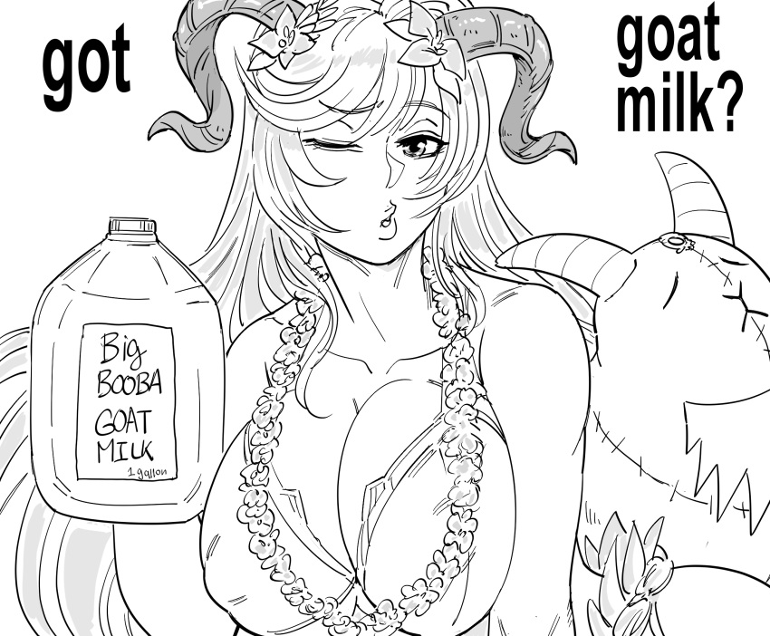 1girls ;o alternate_costume bb_(baalbuddy) bikini bottle bra breasts cleavage commentary covered_nipples curled_horns english_commentary english_text female fire_emblem fire_emblem_heroes flower flower_necklace freyja_(fire_emblem) freyja_(summer)_(fire_emblem) goat_horns got_milk greyscale highres holding holding_bottle horns jewelry large_breasts long_hair looking_at_viewer milk_bottle monochrome necklace nintendo official_alternate_costume one_eye_closed parted_lips simple_background solo stuffed_goat swimsuit underwear very_long_hair white_background wink wreath