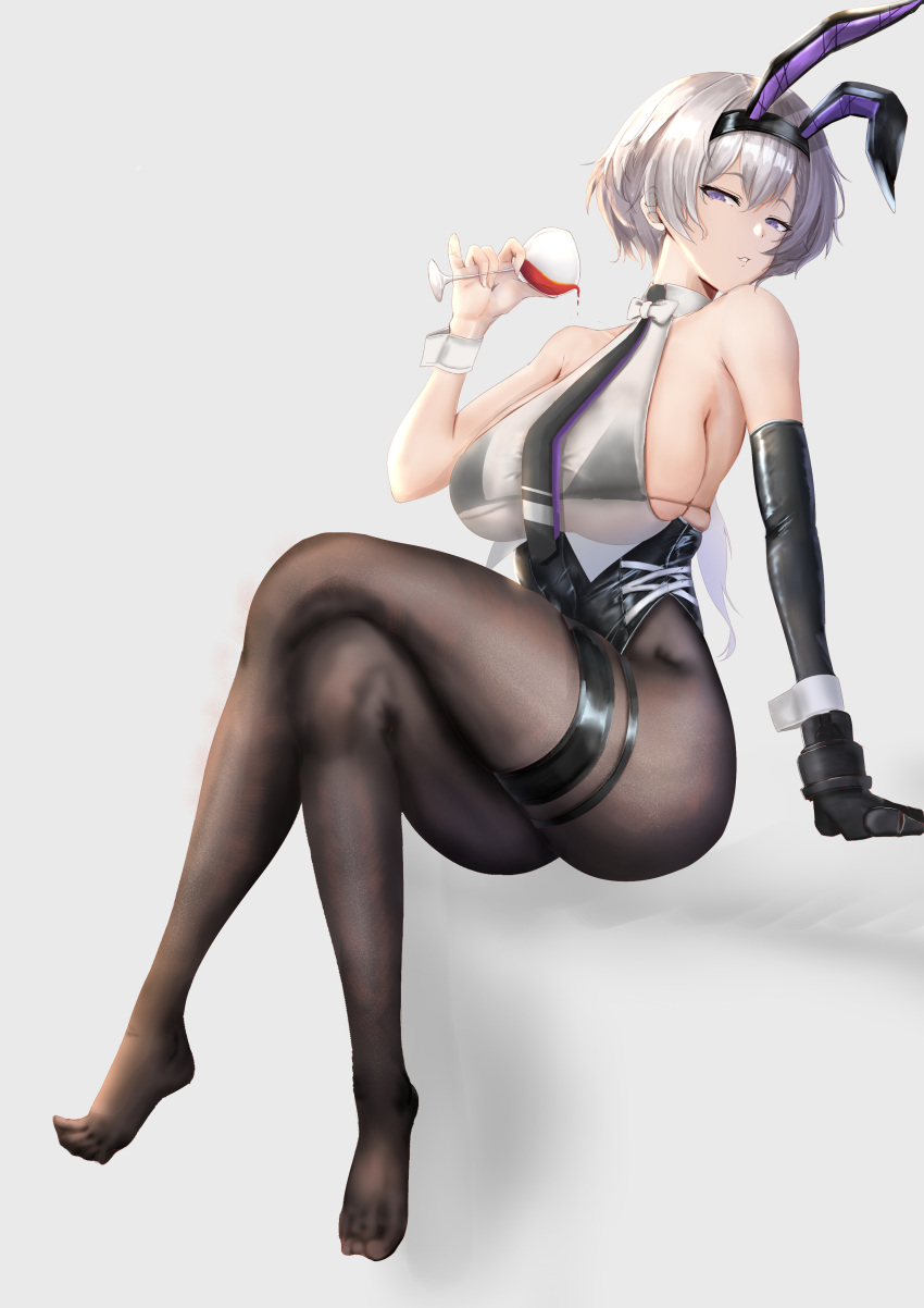 absurdres alcohol animal_ears arm_strap arm_support ass azur_lane bangs bare_shoulders black_bra black_gloves black_hairband black_legwear black_leotard black_neckwear bow bowtie bra breasts collarbone collared_shirt commentary_request crop_top crossed_legs cup drinking_glass elbow_gloves eyebrows_visible_through_hair facing_to_the_side fake_animal_ears female full_body gloves grey_hair groin hair_between_eyes hairband highres holding holding_cup invisible_chair large_breasts leotard long_sleeves looking_at_viewer low_ponytail metal_gloves mippei necktie no_shoes official_alternate_costume pantyhose parted_hair parted_lips partial_commentary playboy_bunny pouring_onto_self purple_eyes rabbit_ears reno_(azur_lane) reno_(reno_bunnino)_(azur_lane) see-through see-through_shirt shadow shirt sideboob sidelocks simple_background single_elbow_glove sitting skindentation sleeveless sleeveless_shirt solo thigh_strap underwear white_nails white_shirt wine wine_glass wrist_cuffs