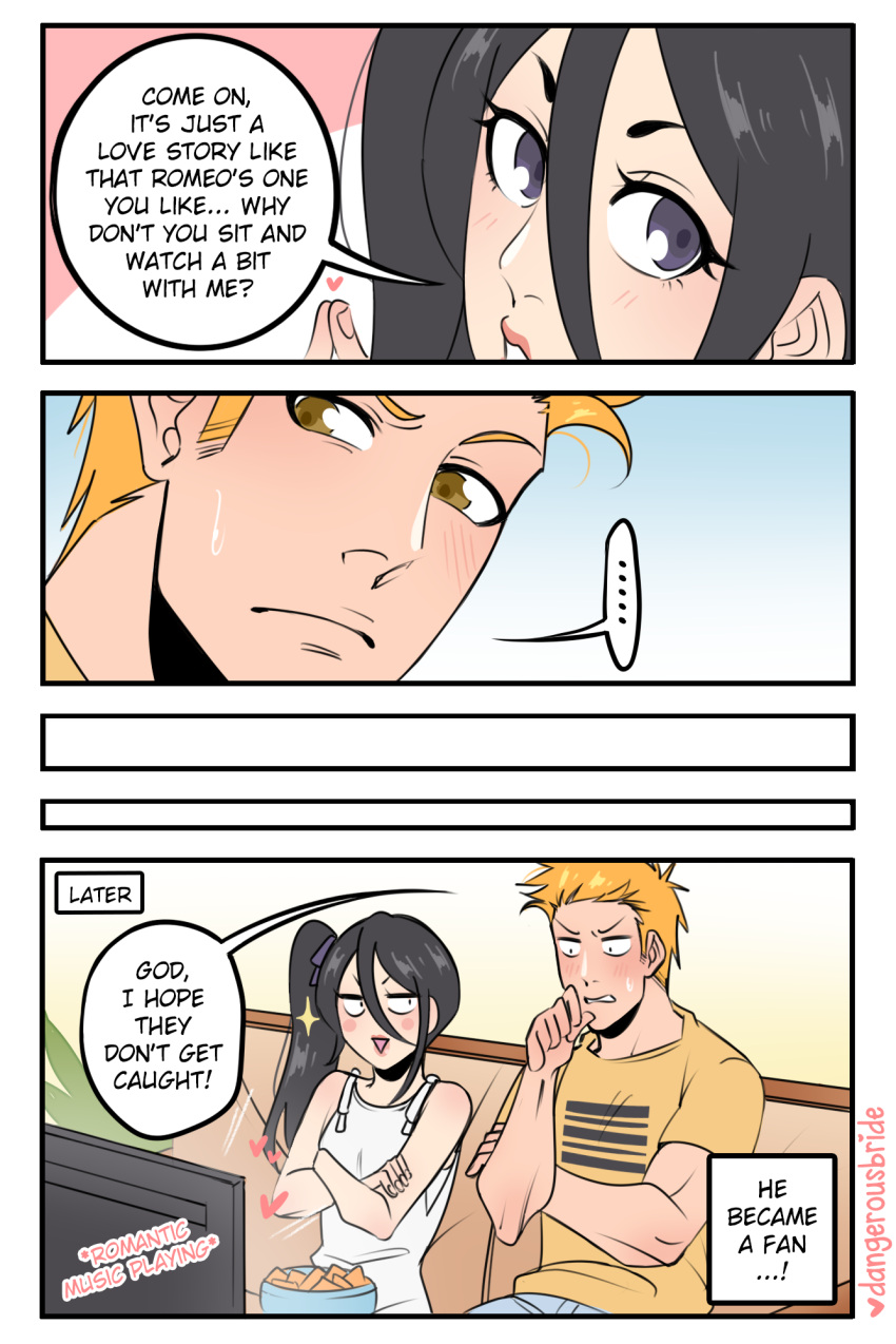 ... 1boy 1girls black_eyes black_hair bleach blush blush_stickers brown_eyes dangerousbride dialogue english_text female flat_chest flat_chested heart hi_res ichigo_kurosaki kuchiki_rukia long_hair male orange_hair short_hair speech_bubble tagme text watching_tv