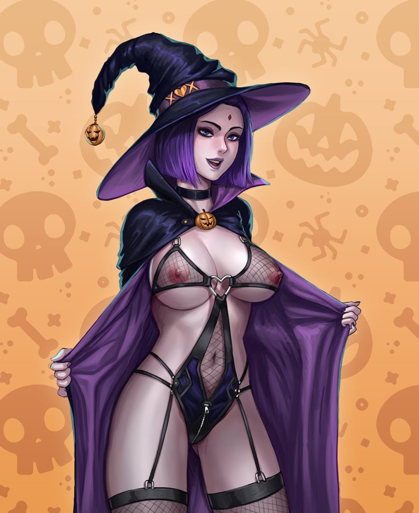 1girls adoohay breasts dc dc_comics female female_only fishnet_stockings fishnets halloween halloween_costume holidays lingerie nipples purple_eyes purple_hair rachel_roth raven_(dc) see-through_clothing smooth_skin solo superheroine teen_titans witch witch_hat