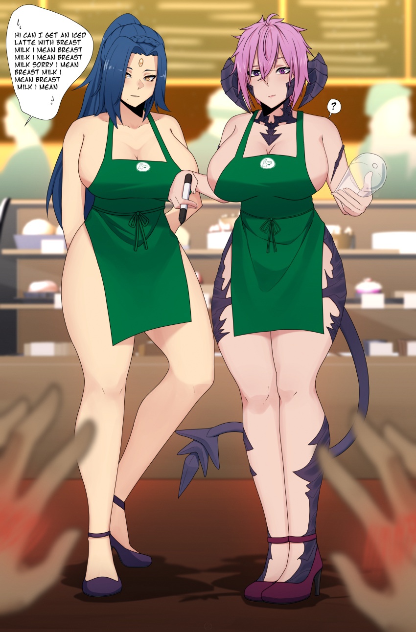 2girls apron apron_only au_ra blue_hair breasts decima final_fantasy final_fantasy_xiv heels horns huge_breasts iced_latte_with_breast_milk large_breasts long_hair meme multiple_girls naked naked_apron pink_hair scales short_hair sin_faye starbucks thick_thighs wide_hips xaela