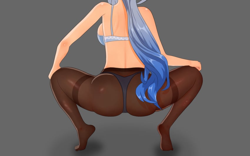 1girls ass backboob blue_hair bra breasts female from_behind ganyu_(genshin_impact) genshin_impact head_out_of_frame highres large_breasts long_hair pantyhose shiny shiny_clothes shiny_hair shwaboingo solo squatting thong thong_under_pantyhose underwear very_long_hair