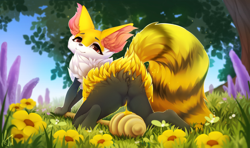 2021 anthro black_body black_fur braixen female fur genitals hentwi hi_res looking_at_viewer looking_back looking_back_at_viewer multicolored_body multicolored_fur nintendo pokémon_(species) pokemon pokemon_(species) pussy red_body red_eyes red_fur solo video_games white_body white_fur yellow_body yellow_fur