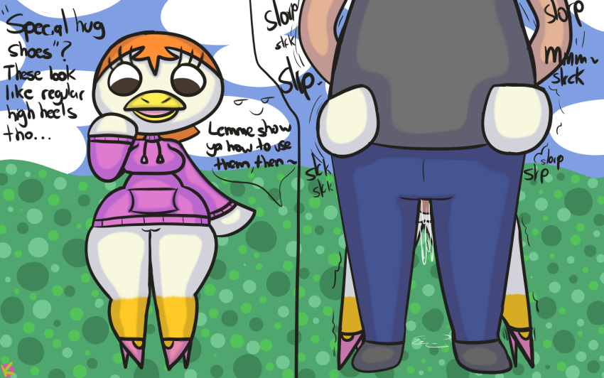 2021 animal_crossing anthro comic duck half-dressed high_heels implied_oral instant_loss_2koma klutzatdusk nintendo pompom_(animal_crossing) questionable_consent shortstack sound_effects villager_(animal_crossing)