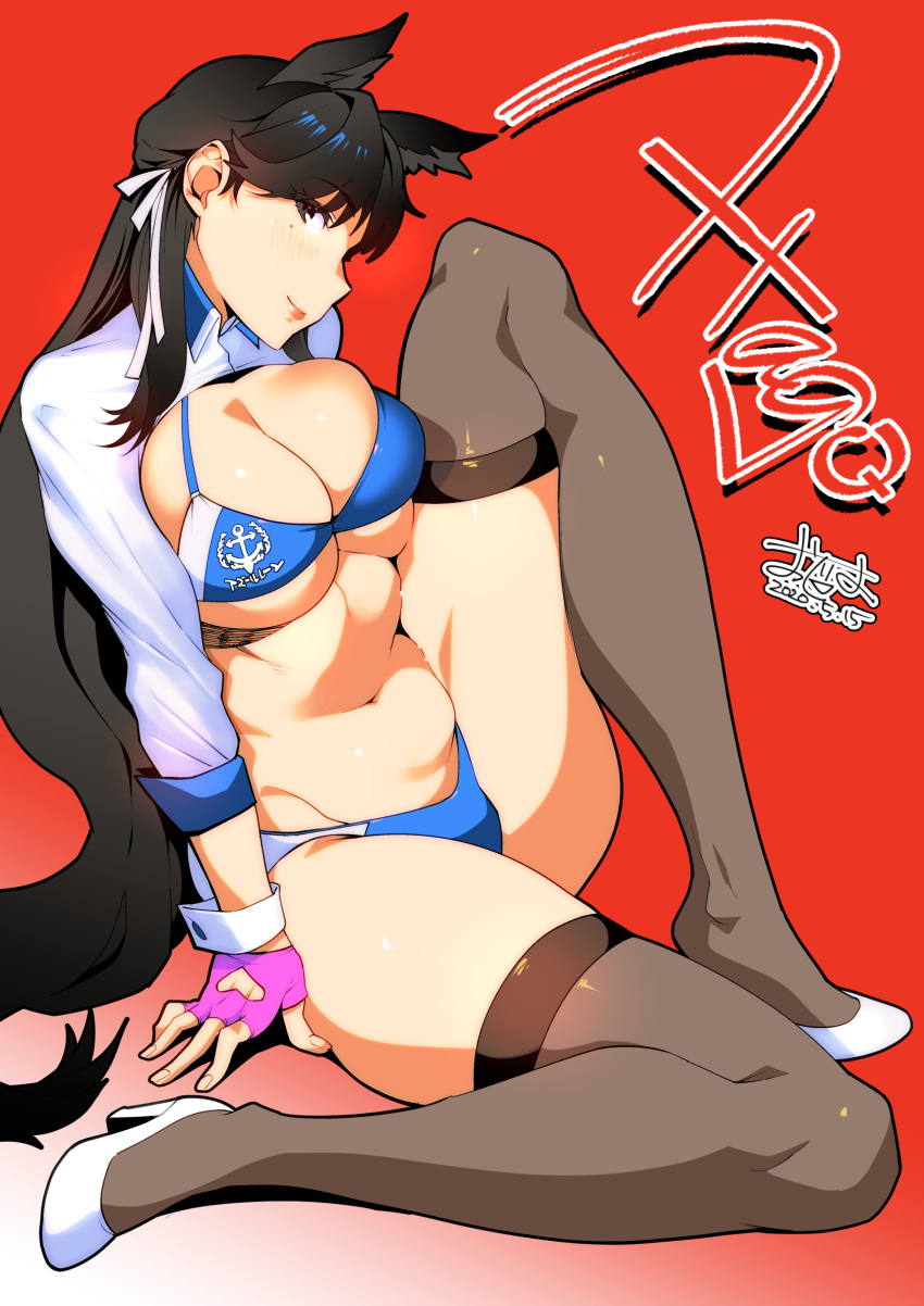 animal_ears atago_(azur_lane) azur_lane bare_legs big_breasts bikini black_hair breasts bursting_breasts busty cleavage female female_focus female_only fingerless_gloves high_heels hourglass_figure long_hair navel nylons ojo_(dfreak) overflowing_breasts pinup pinup_pose pose posing sideboob sitting stockings tagme underboob wide_hips