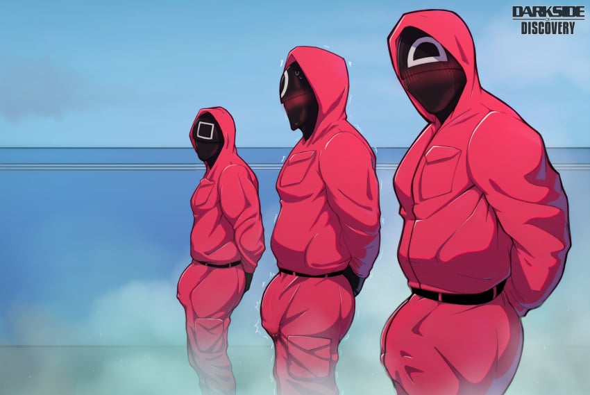 2021 3boys artist_name belt black_belt black_gloves black_mask blue_wall blush blushing bulge circle_(squid_game) darksideofdiscovery erect_penis erection erection_under_clothes focused gloves ground looking_at_viewer male_focus male_only mask netflix penis_visible_through_pants pink_guard sky square_(squid_game) squid_game sweatdrop sweatdrops sweating tight_clothing trembling triangle_(squid_game) wall watermark