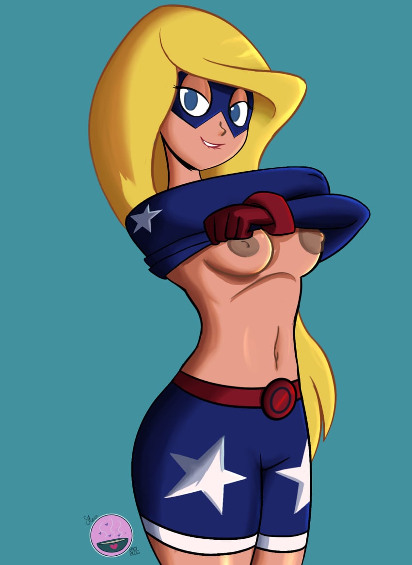 1girls bedroom_eyes biting_lip blonde_hair blue_eyes breasts courtney_whitmore dark_areola dc dc_comics exposed_breasts exposing_chest female female_only heroine horny_female justice_league justice_league_action looking_at_viewer medium_breasts no_bra partially_clothed shirt_lift solo star stargirl stargirl_(justice_league_action) stewsspicyblog superheroine thin_female undressing