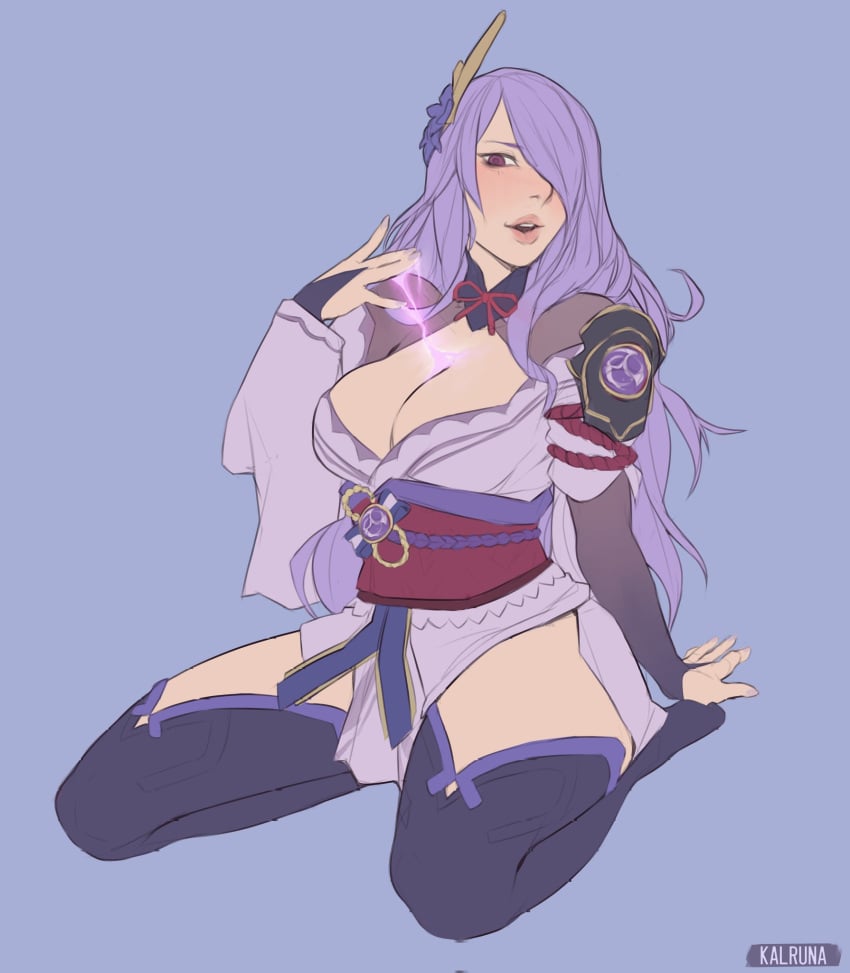 1girls alternate_costume bare_thighs breasts camilla_(fire_emblem) cleavage cosplay crossover fire_emblem fire_emblem_fates genshin_impact hair_over_one_eye halloween halloween_costume kalruna kneeling large_breasts long_hair looking_at_viewer nail_polish nintendo purple_eyes purple_hair purple_nails raiden_shogun_(cosplay) smile solo thick_thighs thighhighs thighs very_long_hair