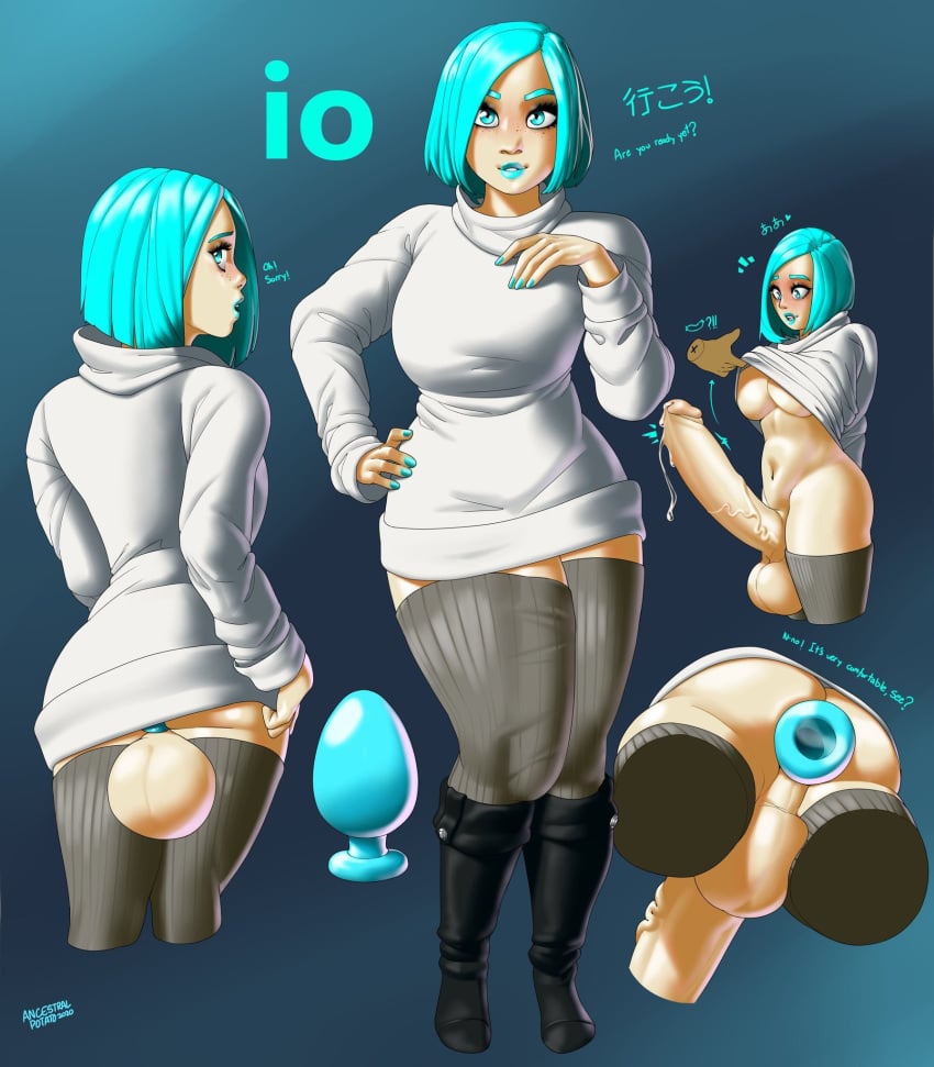 1futa anal anal_insertion ancestralpotato areolae back back_view backsack balls big_breasts blue_hair bottomless breasts buttplug character_name clothed clothing collage dialogue erection futa_focus futa_sans_pussy futanari huge_balls huge_buttplug huge_cock human io_(syntheticpotato) large_buttplug light-skinned_futanari light_skin looking_back low-angle_view mostly_clothed mostly_nude nipples original_character pale_skin penis penis_in_thighhighs precum precum_drip sex_toy shirt_lift shirt_up short_hair solo_focus standing sweater syntheticpotato text thick_thighs wide_hips