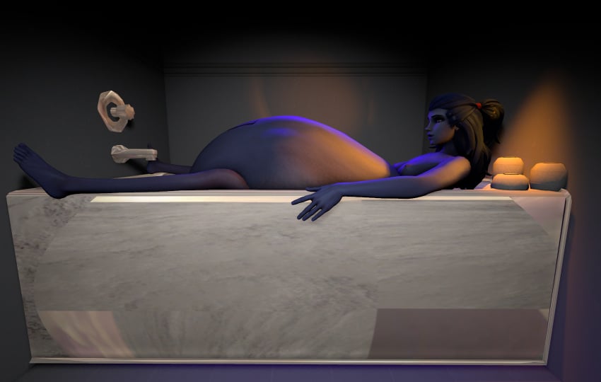 1girls 3d ambiguous_prey bath bathtub belly big_belly bloated bloated_belly breasts female nipples overwatch purple_skin salamoun same_size_vore vore widowmaker