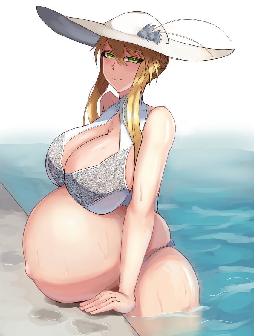 1girls artoria_pendragon artoria_pendragon_(lancer) big_breasts blonde_hair blush botsu breasts cleavage fate/grand_order fate_(series) female female_only green_eyes huge_belly large_breasts looking_at_viewer pregnant ready_to_pop smile