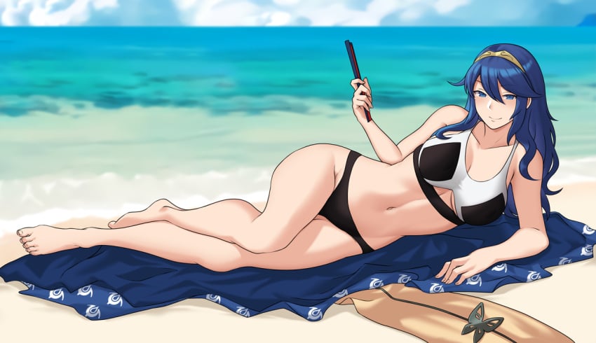 1girls alternate_costume bare_legs bbk_(13zk) beach bikini black_bikini black_swimsuit blue_eyes breasts bushidokuroi clothes_removed fan fire_emblem fire_emblem_awakening hair_between_eyes japanese_clothes long_hair looking_at_viewer lucina_(fire_emblem) medium_breasts nintendo ocean on_side sand seaside seductive smile solo swimsuit tiara