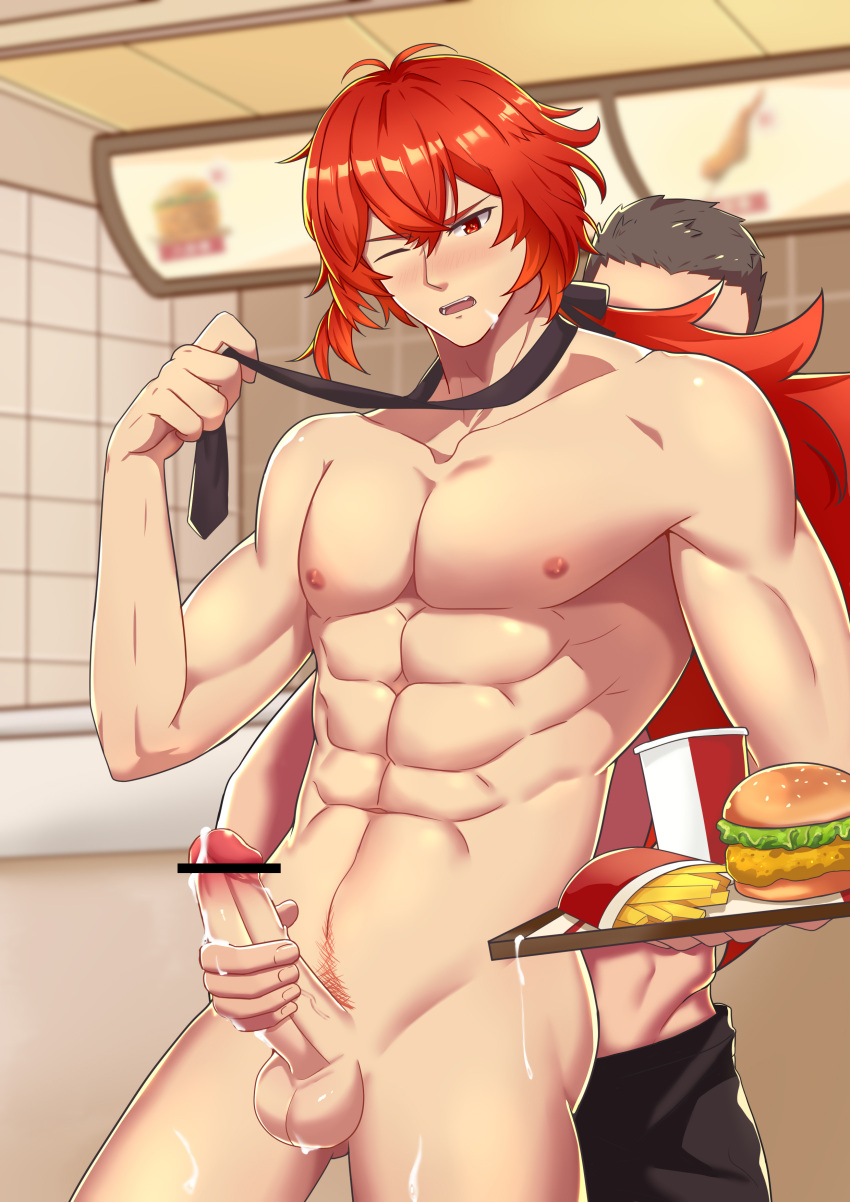 abs censor_bar censored_penis cock cum cum_on_balls cum_on_face cum_on_legs diluc_(genshin_impact) diluc_(kfc)_(genshin_impact) fries gay genshin_impact hamburger in_public kfc male_only masturbation nipples one_eye_closed pecs penis red_eyes red_hair red_pubic_hair serving_tray tied_hair vest