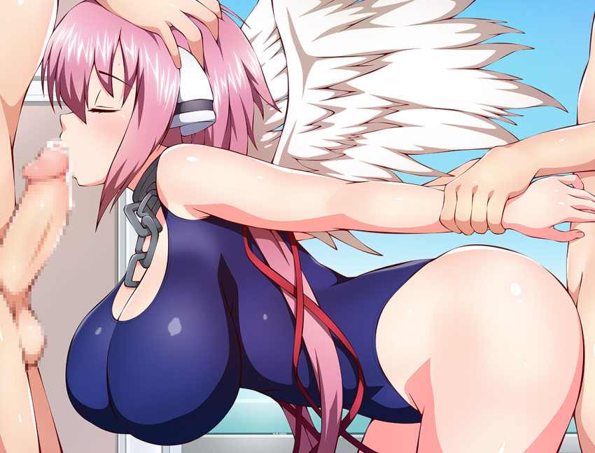 1girls 2021 2boys alternate_version_available ambiguous_penetration angel_wings arms_held_back balls bent_over blue-senpai blush breasts censored closed_eyes collar fellatio female from_behind hair_ornament holding_head huge_breasts ikaros kissing_penis long_hair male penis pink_hair sex shiny_skin sora_no_otoshimono swimsuit threesome wings