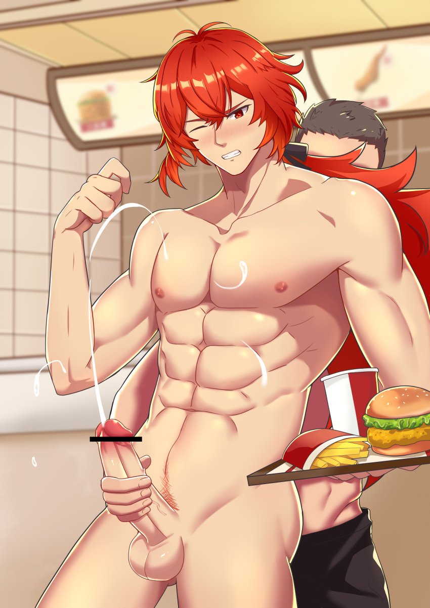 abs censor_bar censored_penis cock cum cumming diluc_(genshin_impact) diluc_(kfc)_(genshin_impact) fries gay genshin_impact hamburger in_public kfc male_only masturbation nipples pecs penis red_eyes red_hair red_pubic_hair serving_tray tied_hair vest