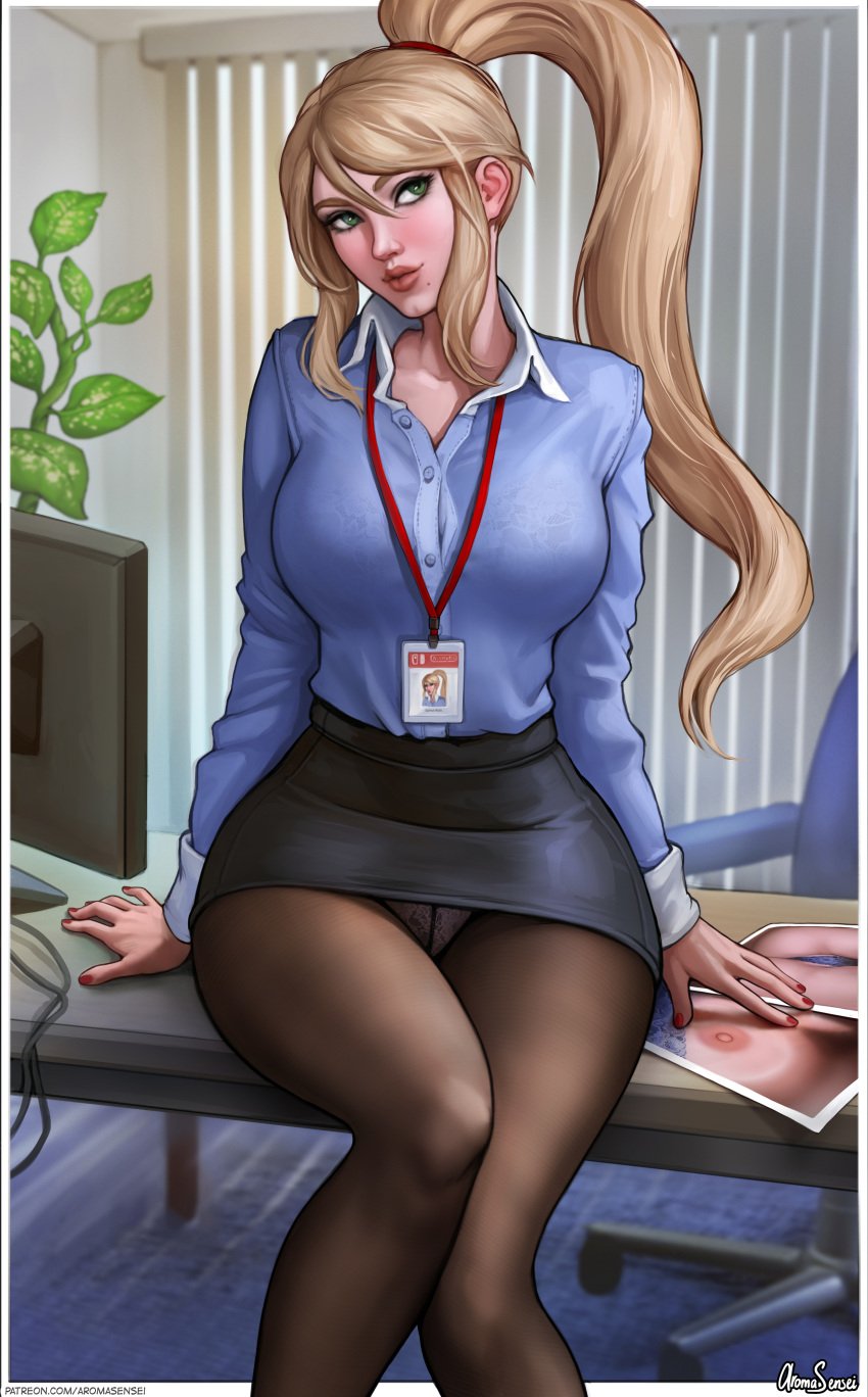 aroma_sensei big_breasts bimbo black_pantyhose black_skirt blonde_hair blue_eyes blue_shirt business_suit business_woman clothed_female exposed_pussy female female_focus female_only green_eyes high_resolution highres long_hair metroid miniskirt monitor name_tag nintendo office office_lady panty_peek pantyhose pantyshot_(sitting) pantyshot_sitting pencil_skirt plant ponytail red_fingernails samus_aran secretary sitting sitting_on_table skirt skirt_suit solo solo_female solo_focus tight_clothing tight_shirt tight_skirt upskirt