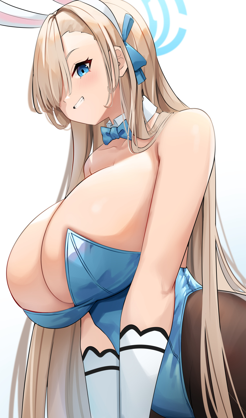1girls 2021 absurdres animal_ears asuna_(blue_archive) asuna_(bunny)_(blue_archive) bangs bare_shoulders blue_archive blue_eyes blue_leotard blush bow bowtie breasts cleavage cromwellb detached_collar elbow_gloves fake_animal_ears female female_focus female_only gloves grin hair_over_one_eye halo highres huge_breasts leotard light_brown_hair long_hair looking_at_viewer millennium_science_school_student mole mole_on_breast pantyhose playboy_bunny rabbit_ears smile solo solo_female solo_focus strapless strapless_leotard white_gloves