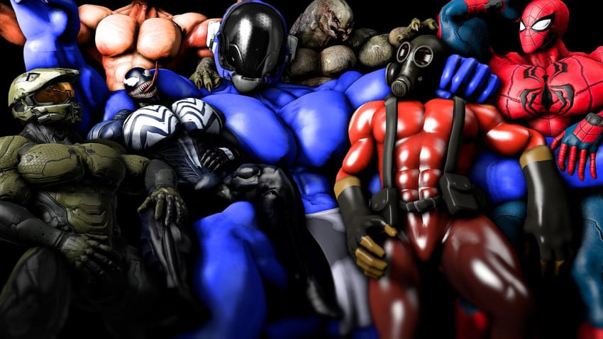 3d crossover flexing halo_(series) human latex male_focus male_human male_only male_sangheili_(halo) male_spartan_(halo) marvel master_chief muscles muscular nighdruthanimations parabiote pyro_(team_fortress_2) rubber rubbing sangheili size_difference smooth_skin spartan_(halo) spartan_ii_(halo) spider-man spider-man_(series) team_fortress_2 tritan venom_(marvel) worship