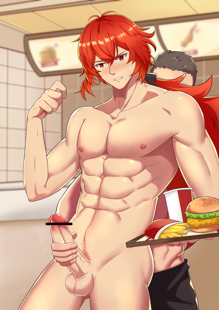 abs censor_bar censored_penis cock diluc_(genshin_impact) diluc_(kfc)_(genshin_impact) fries gay genshin_impact hamburger in_public kfc male_only masturbation nipples pecs penis red_eyes red_hair red_pubic_hair serving_tray tied_hair vest