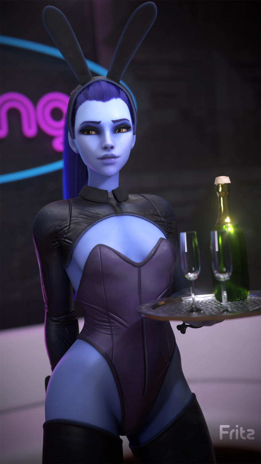 1girls 3d blue_body blue_hair blue_skin breasts bunny_ears bunny_girl bunnysuit cleavage female female_only fritzhq overwatch small_breasts solo widowmaker