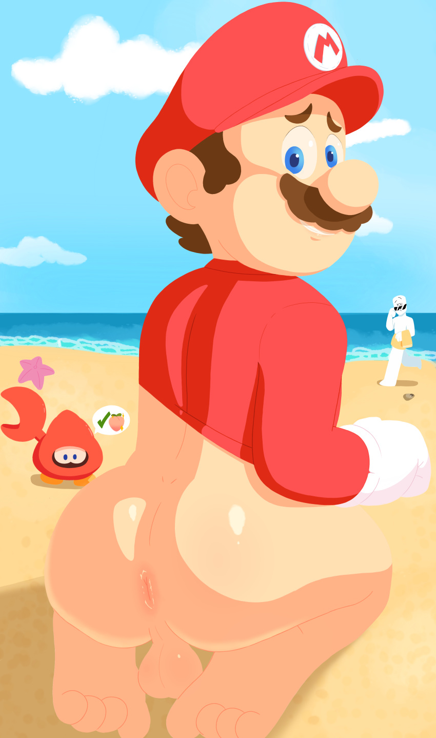 2boys anus ass backsack beach big_ass blue_eyes bottomless exposed_ass gay huckit_crab male_focus male_only mario mario_(series) multiple_boys outdoors ricostanny solo_focus super_mario_bros._(2023_film) testicles toony