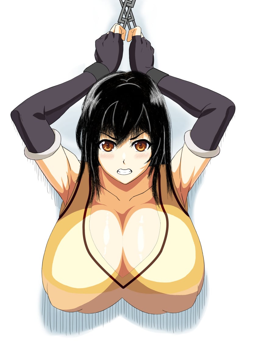 angry black_hair blush bondage breasts captured chains cleavage clenched_teeth defeated fingerless_gloves free_use glaring gloves hu_(artist) huge_breasts kotegawa_yui long_hair looking_at_viewer nipples_visible_through_clothing opera_gloves public_use school_uniform slutty_outfit through_wall to_love-ru yellow_eyes