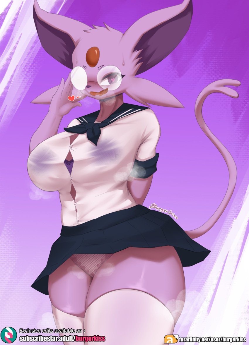 1girls anthro burgerkiss eeveelution espeon furry game_freak looking_at_viewer nintendo pokémon_(species) pokemon pokemon_(species) pokemon_gsc purple_fur school_uniform skirt tagme