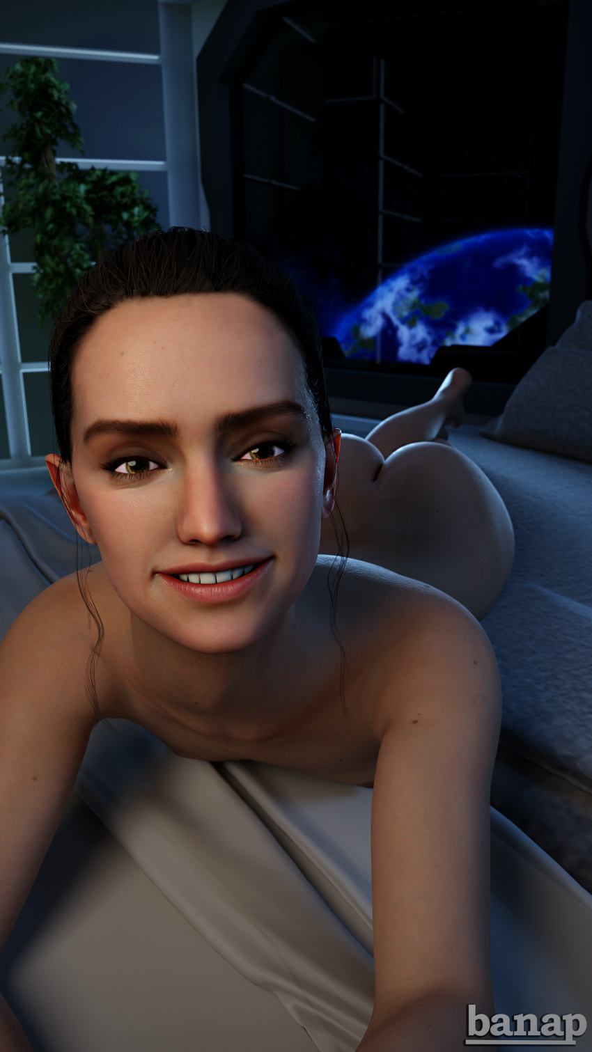 1girls 3d ass banap bed blender brown_hair comment_section female female_only happy hazel_eyes human human_only indoors leguymelef light-skinned_female looking_at_viewer lying lying_on_bed lying_on_stomach mole nude on_bed parted_lips planet rey science_fiction selfie smile smiling smiling_at_viewer solo space star_wars teeth the_force_awakens white_skin window