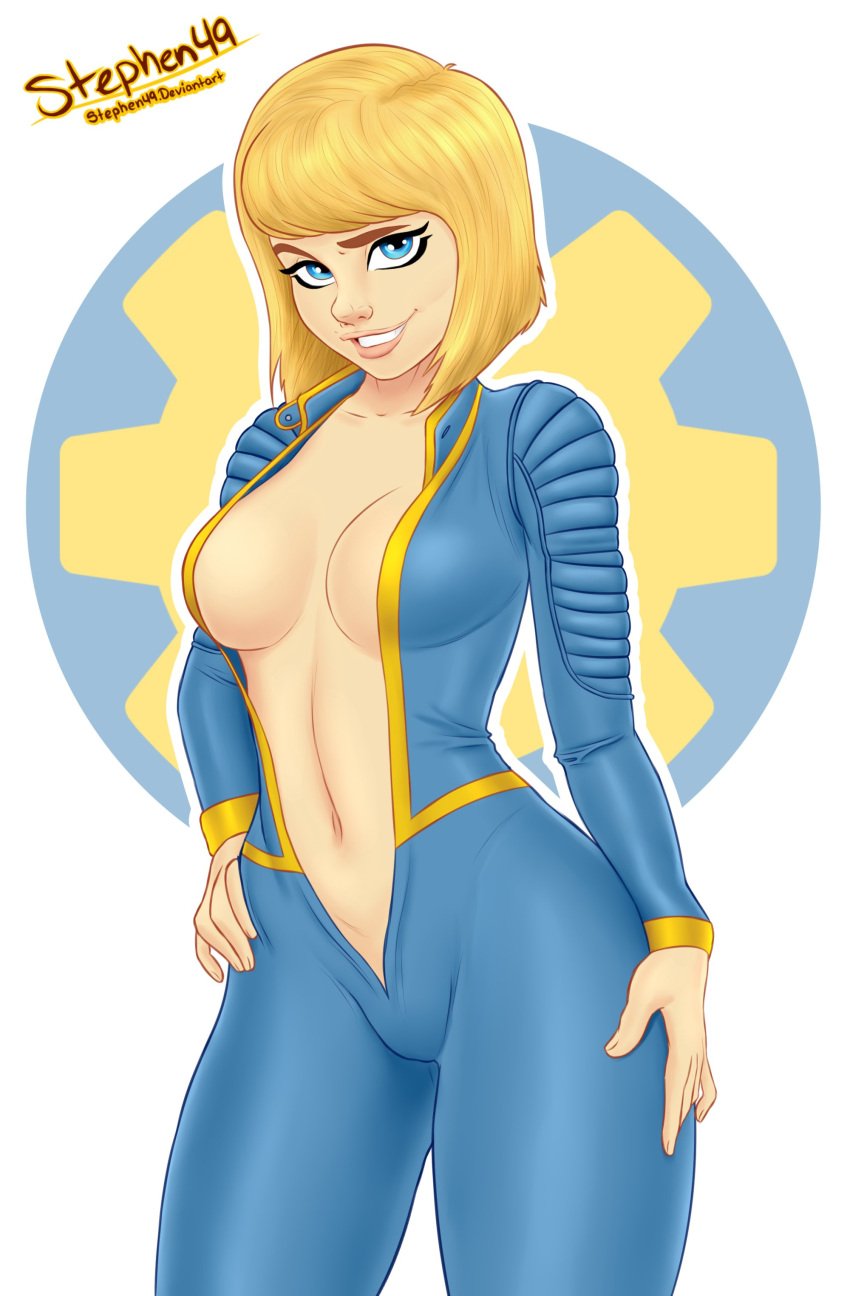 bethesda_softworks blonde_hair blue_eyes bodysuit busty cleavage deep_cleavage fallout fallout_(series) female female_focus female_only fully_clothed hourglass_figure pose posing revealing_clothes smile solo standing stephen49 tagme tight_clothing unzipped unzipped_bodysuit vault_girl vault_meat vault_suit wide_hips