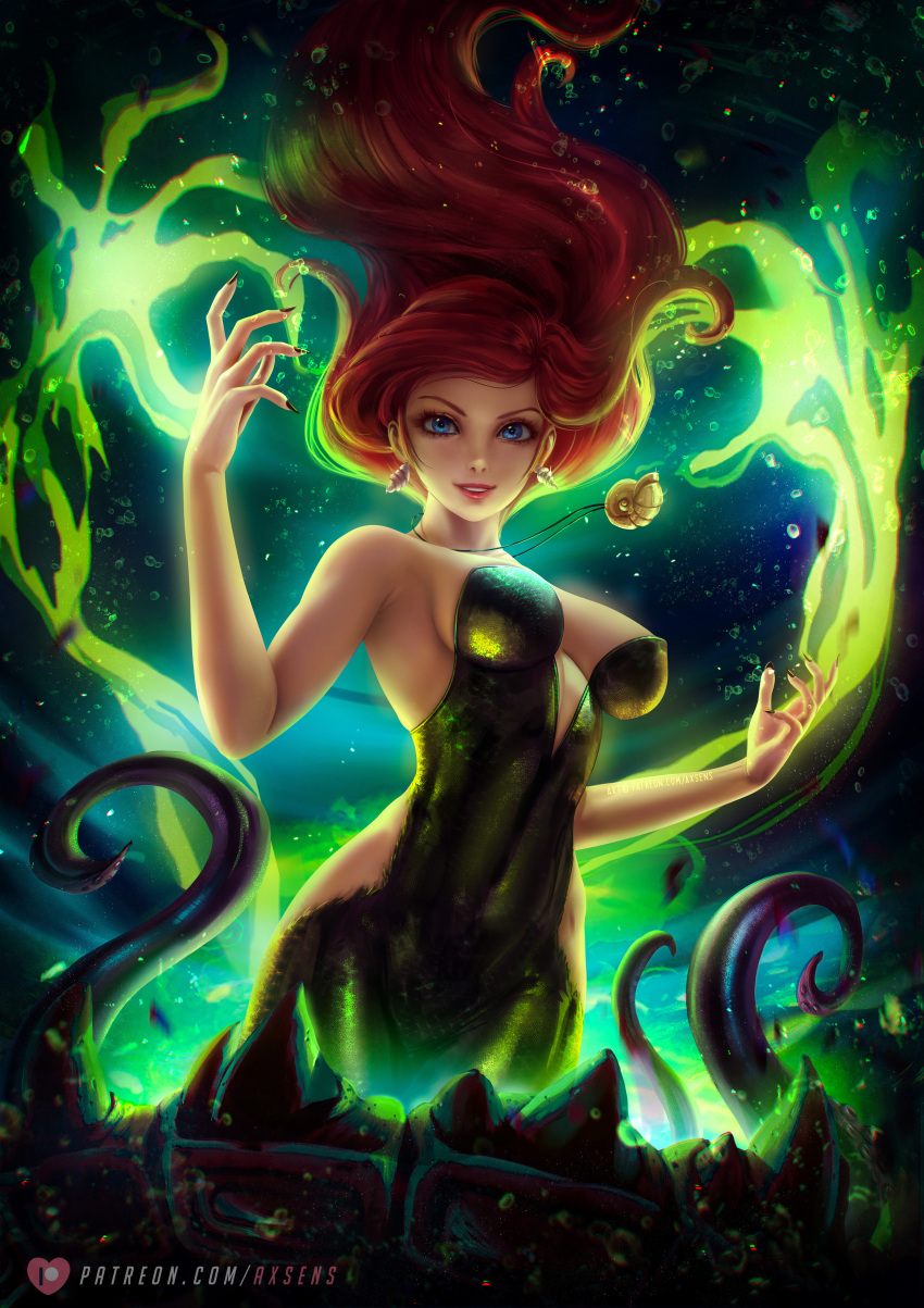 1girls ariel arms axsens bare_shoulders big_breasts blue_eyes breasts cleavage clothed clothing dark_magic disney disney_princess dress evil evil_smile female female_focus female_only flowing_hair hair_up halloween long_hair looking_at_viewer magic magic_user magical_girl medium_breasts necklace realistic red_hair scylla slim_girl slim_waist smile smiling solo solo_female solo_focus the_little_mermaid