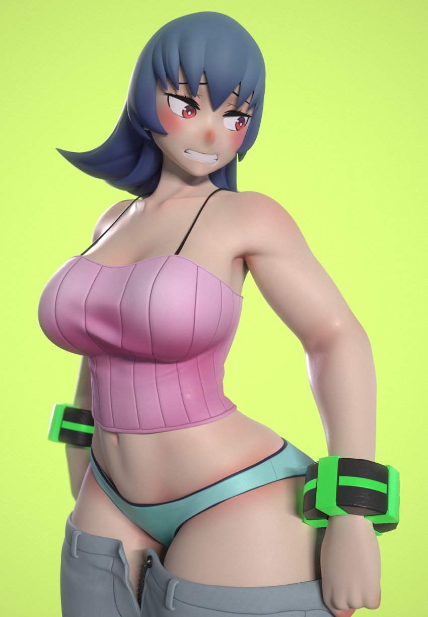 1girls 3d alternate_breast_size aqua_panties aqua_underwear bare_shoulders blue_hair blush breasts clavicle cleavage clenched_teeth curvaceous female green_background gym_leader hi_res large_breasts looking_back medium_hair nintendo panties pants pants_pull pokemon pokemon_hgss pull red_eyes sabrina_(pokemon) sabrina_(pokemon_hgss) solo underwear usukeninja wide_hips