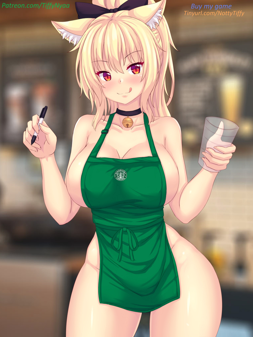 animal_ears apron big_breasts blonde_hair bow breasts cat_ears catgirl collar collar_with_bell eyebrows_visible_through_hair female hi_res iced_latte_with_breast_milk meme naked_apron red_eyes solo tagme thighs tiffy tiffynyaa tongue_out yellow_hair