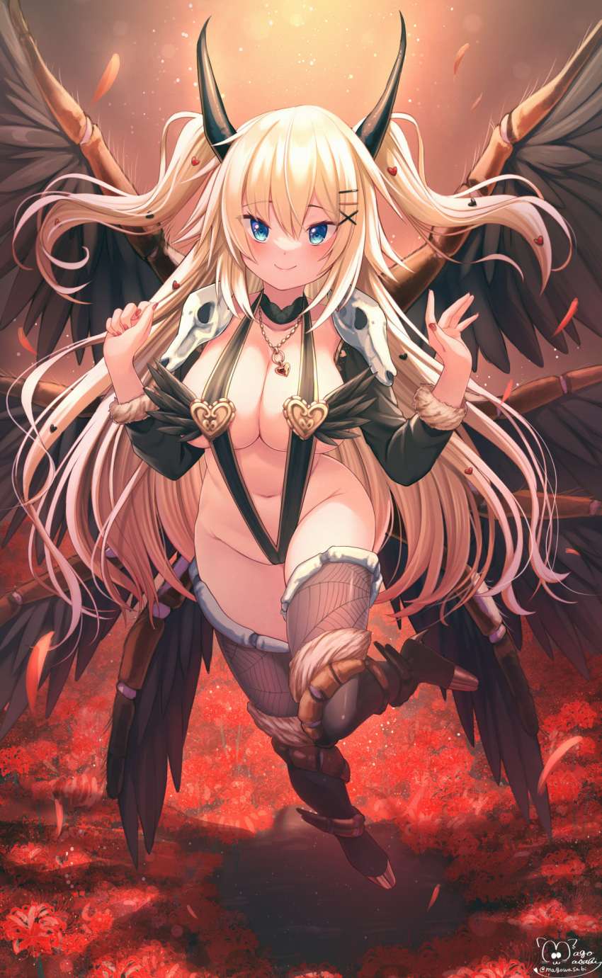 akai_haato blonde_hair blue_eyes blush demon demon_girl demon_horns demon_wings haachama hololive horns magowasabi midriff navel succubus thick_thighs thighhighs thighs virtual_youtuber wings