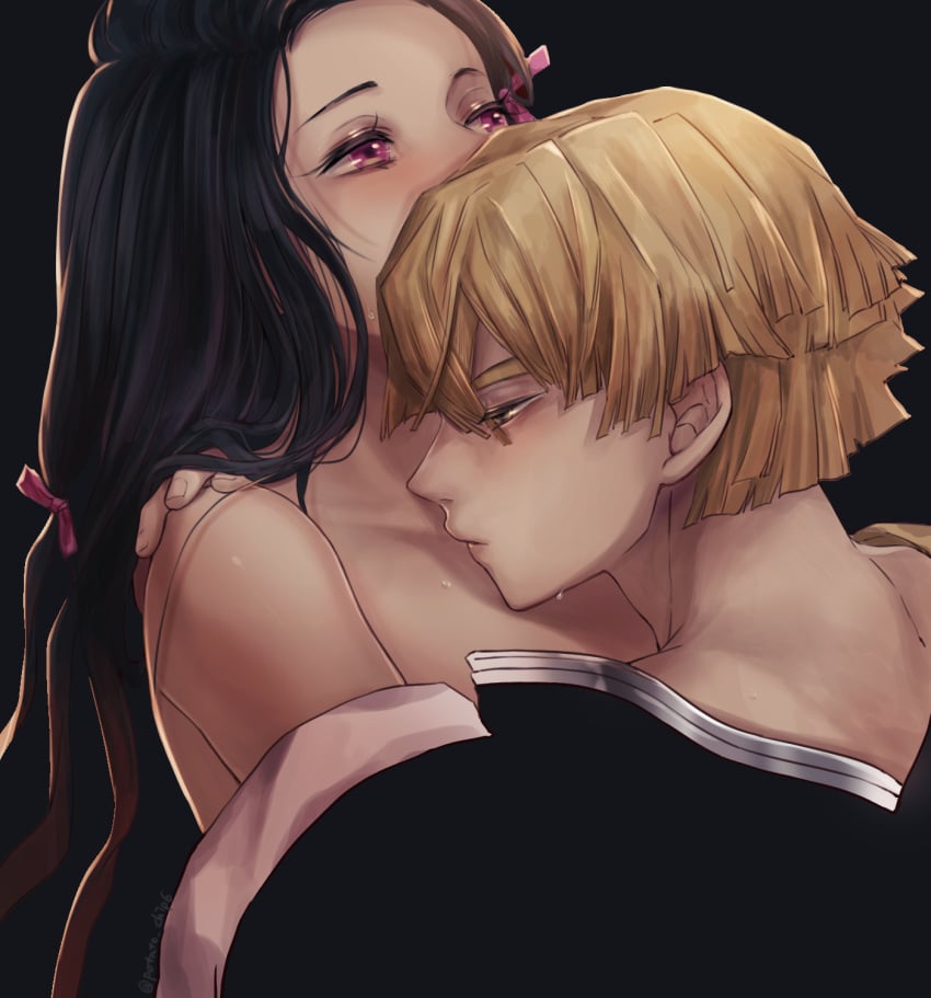 1boy 1girls artist_request bare_shoulders black_background black_hair blonde_hair canon_couple close-up dark_blonde dark_blonde_hair demon_slayer dirty_blonde dirty_blonde_hair embrace female hair_ribbon implied_sex kamado_nezuko kimetsu_no_yaiba long_hair male not_porn partially_clothed pink_eyes potato_chip6 sandy_blonde sandy_blonde_hair sweat upper_body zenitsu_agatsuma