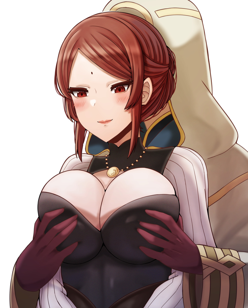 1boy 1girls absurdres bangs breast_grab breasts commission daniela_(fire_emblem) double_breast_grab female fire_emblem fire_emblem_fates fire_emblem_heroes grabbing highres jewelry kiran_(fire_emblem) kiran_(fire_emblem)_(male) large_breasts medium_hair necklace nintendo png red_hair saikunartworks transparent_background upper_body