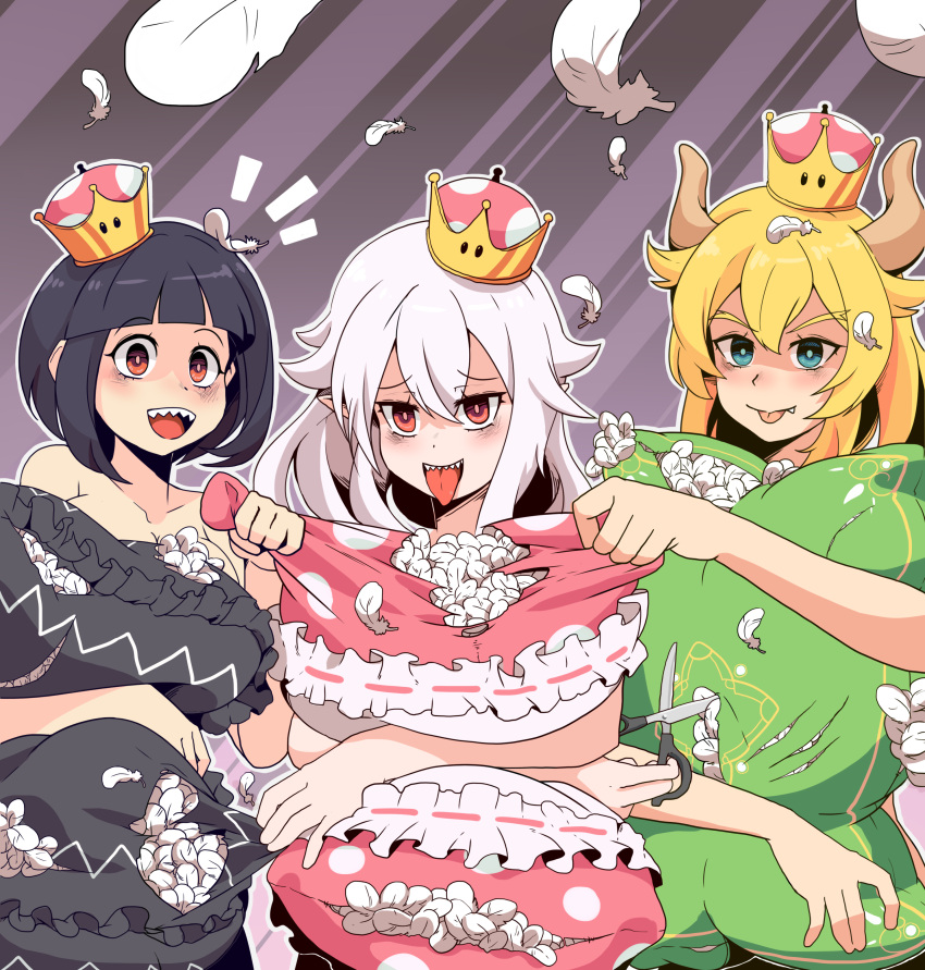 boosette bowsette chain_chomp chompette crown diana908 feathers long_hair mario_(series) new_super_mario_bros._u_deluxe pillow pillow_fight pillow_hug scissors short_hair sleepover slumber_party super_crown torn_pillow