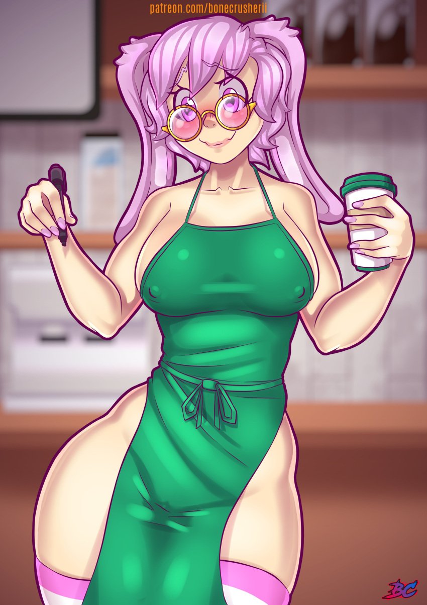 1girls 2021 animal_ears apron bare_shoulders big_breasts blush bonecrusherii breasts breasts_out_of_clothes bunny_ears cafe clothing coffee coffee_cup exhibitionism female female_focus female_only glasses green_apron highres iced_latte_with_breast_milk legwear looking_at_viewer meme naked_apron no_bra paladins pen pink_hair purple_eyes rei_(paladins) sideboob solo solo_female solo_focus starbucks stockings thick_thighs thighhighs thighs