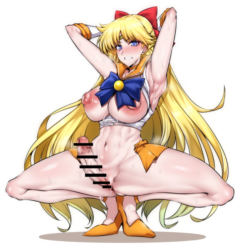 1futa armpits arms_behind_head arms_up big_breasts big_penis bishoujo_senshi_sailor_moon blonde_hair blush bow breasts breasts_out censored clothed clothing crouching erection feet_together futa_only futa_sans_balls futanari gggg hair_ribbon hands_behind_head heels human large_breasts light-skinned_futanari light_skin long_hair minako_aino nude pale_skin penis pussy pussy_juice ripped_shirt sailor_venus skirt solo spread_legs squatting sweat tagme thighs torn_clothes white_background