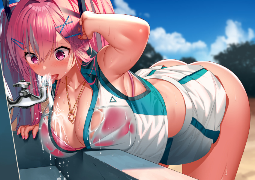 akusema alternate_costume arm_up ass azur_lane bangs bent_over bikini bikini_under_clothes blue_sky blurry blurry_background breast_rest breasts bremerton_(azur_lane) bremerton_(scorching-hot_training)_(azur_lane) cleavage cloud collarbone collared_shirt day drinking drinking_fountain dripping eyebrows_visible_through_hair female foreshortening grey_hair hair_between_eyes hair_ornament hair_tucking hairclip headgear jewelry large_breasts long_hair mole mole_under_eye multicolored_hair nail_polish necklace outdoors pink_eyes pink_hair pink_nails raised_eyebrows revision see-through shirt skirt sky sleeveless sleeveless_shirt solo sportswear streaked_hair swimsuit tennis_uniform thighs tongue tongue_out tree wet white_shirt white_skirt x_hair_ornament