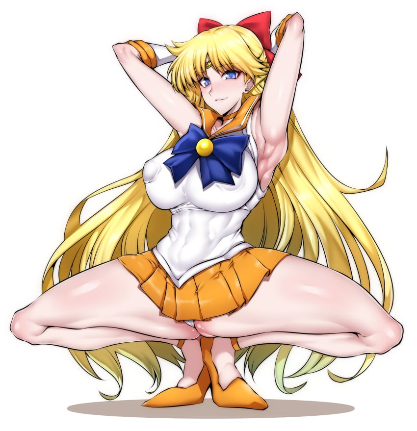 bishoujo_senshi_sailor_moon biting_lip blonde_hair bow clothing crouching feet_together gggg hair_ribbon hands_behind_head heels large_breasts long_hair minako_aino sailor_venus seductive_look skirt solo spread_legs squatting tagme thighs white_background