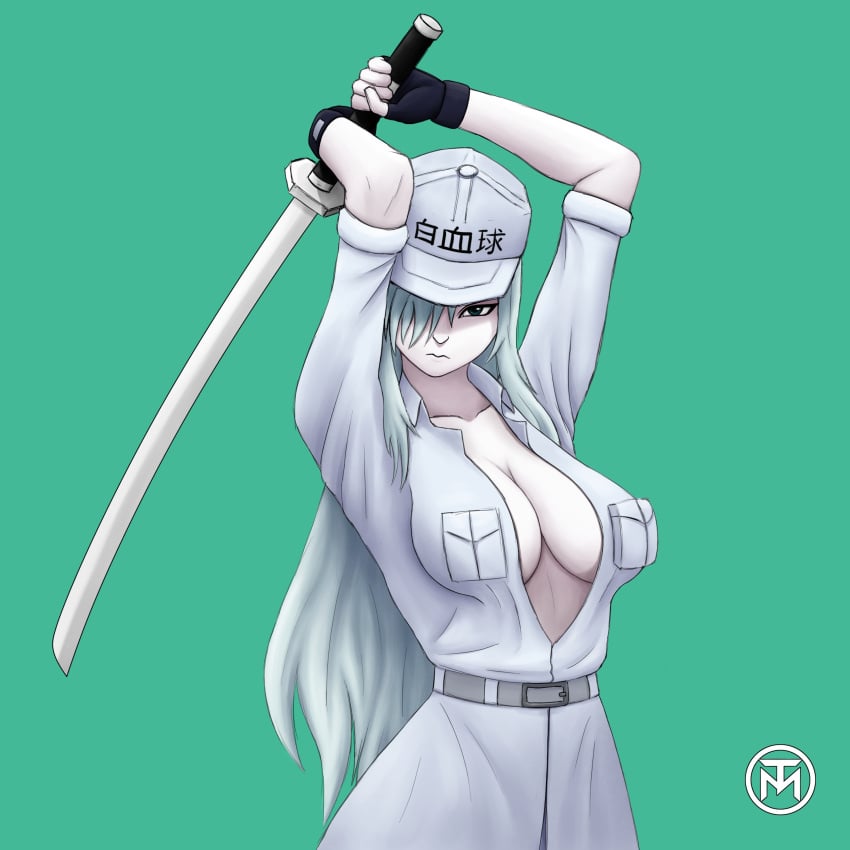 1girls abs absurd_res artist_name belt big_ass big_breasts big_butt blue_eyes breasts busty cap cells_at_work cells_at_work_code_black censored cleavage curvaceous curvy dressed female female_only hair_over_one_eye half-dressed hat hataraku_saibou hi_res huge_ass huge_breasts inscription katana large_areolae large_ass large_breasts looking_at_viewer otm_g signature solo solo_female sword tagme u-1196 uncensored white_blood_cell_(hataraku_saibou) white_body white_hair white_skin