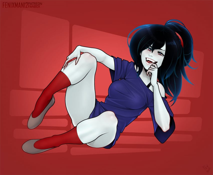 1girls adventure_time black_hair breasts cartoon_network fangs female female_only fenixman12 grey_body hair_between_eyes marceline ponytail red_background red_eyes red_socks slippers smile socks solo vampire