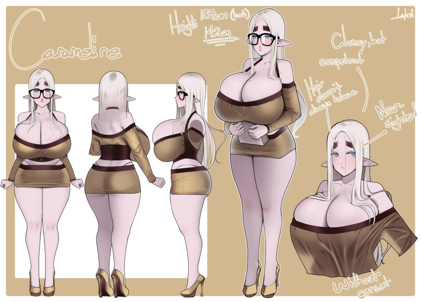 1girls big_breasts blonde_hair blue_eyes carameline_(dskn) character_sheet cleavage dskn elf elf_ears english_text female female_only glasses heels hi_res long_hair miniskirt mole_under_eye narrowed_eyes pink_lips pointy_ears solo solo_female text thick_eyebrows thick_thighs