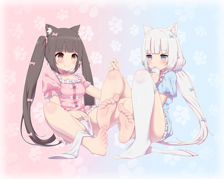 2girls barefoot blue_eyes bow brown_eyes brown_hair cat_ears chocola_(sayori) feet heart holding_hands maidforge masturbation multiple_girls nail_polish nekopara panties silver_hair stockings toe_scrunch toes vanilla_(sayori)