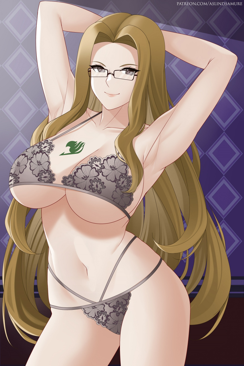 armpits arms_behind_back aslindsamure big_breasts breasts cleavage evergreen_(fairy_tail) fairy_tail female female_focus female_only glasses light_brown_hair lingerie long_hair looking_at_viewer multi-strapped_bikini multi-strapped_panties small_panties smile standing tattoo underboob wavy_hair