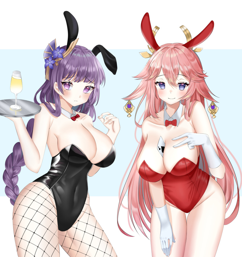 2girls breasts bunny_ears bunny_girl bunnysuit fishnets fox_ears fox_envoy fox_girl genshin_impact kaho large_breasts multiple_girls navel pink_hair purple_eyes purple_hair raiden_shogun thighs yae_miko