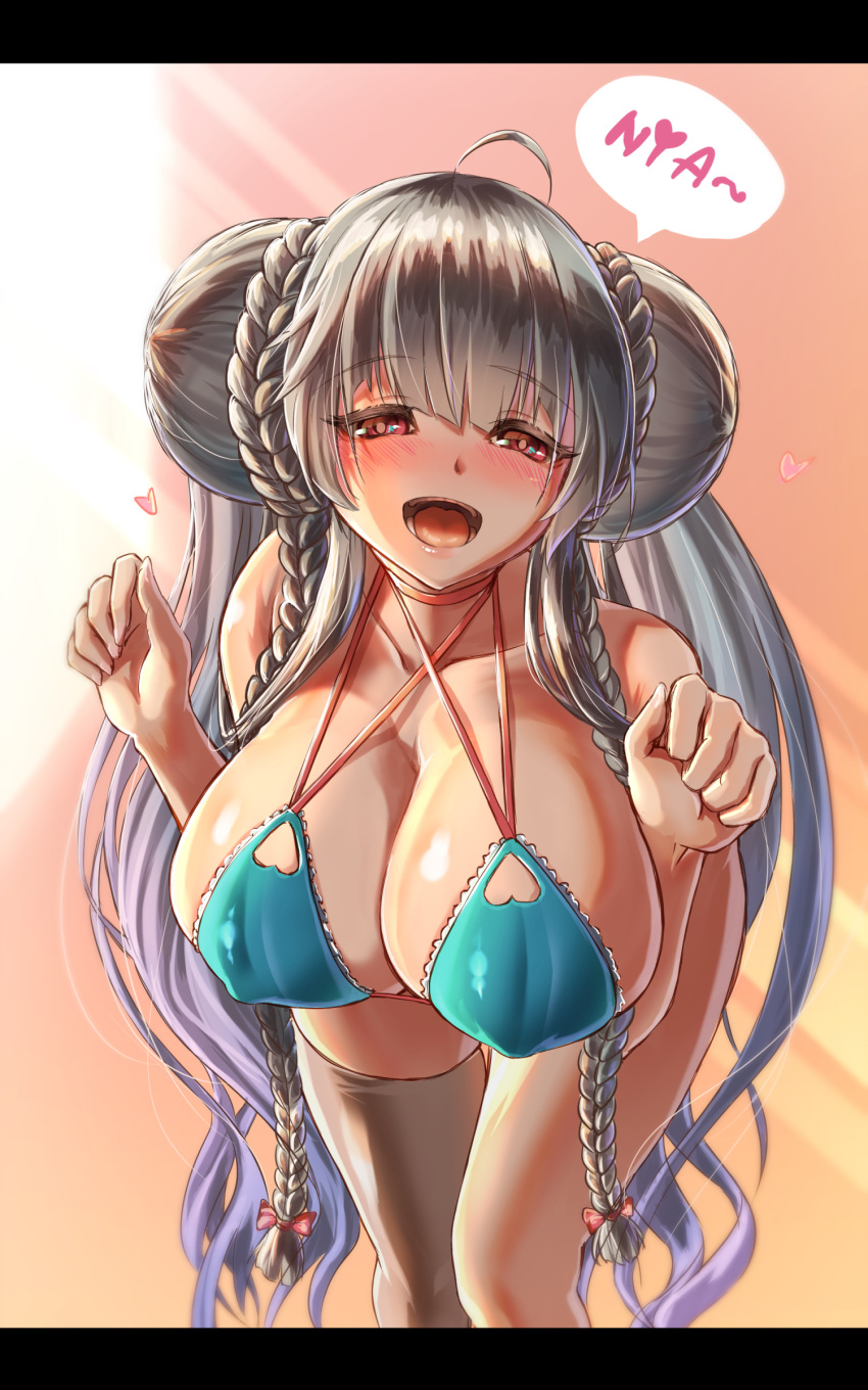 02sajita 1girls ahoge azur_lane big_bun bikini blush cat_pose double_bun eyebrows_visible_through_hair female female_only formidable_(azur_lane) formidable_(the_lady_of_the_beach)_(azur_lane) grey_hair hair_bun hair_ribbon heart huge_breasts large_breasts leaning_forward long_hair looking_at_viewer open_mouth pose red_eyes speech_bubble standing thighhighs tongue twin_braids